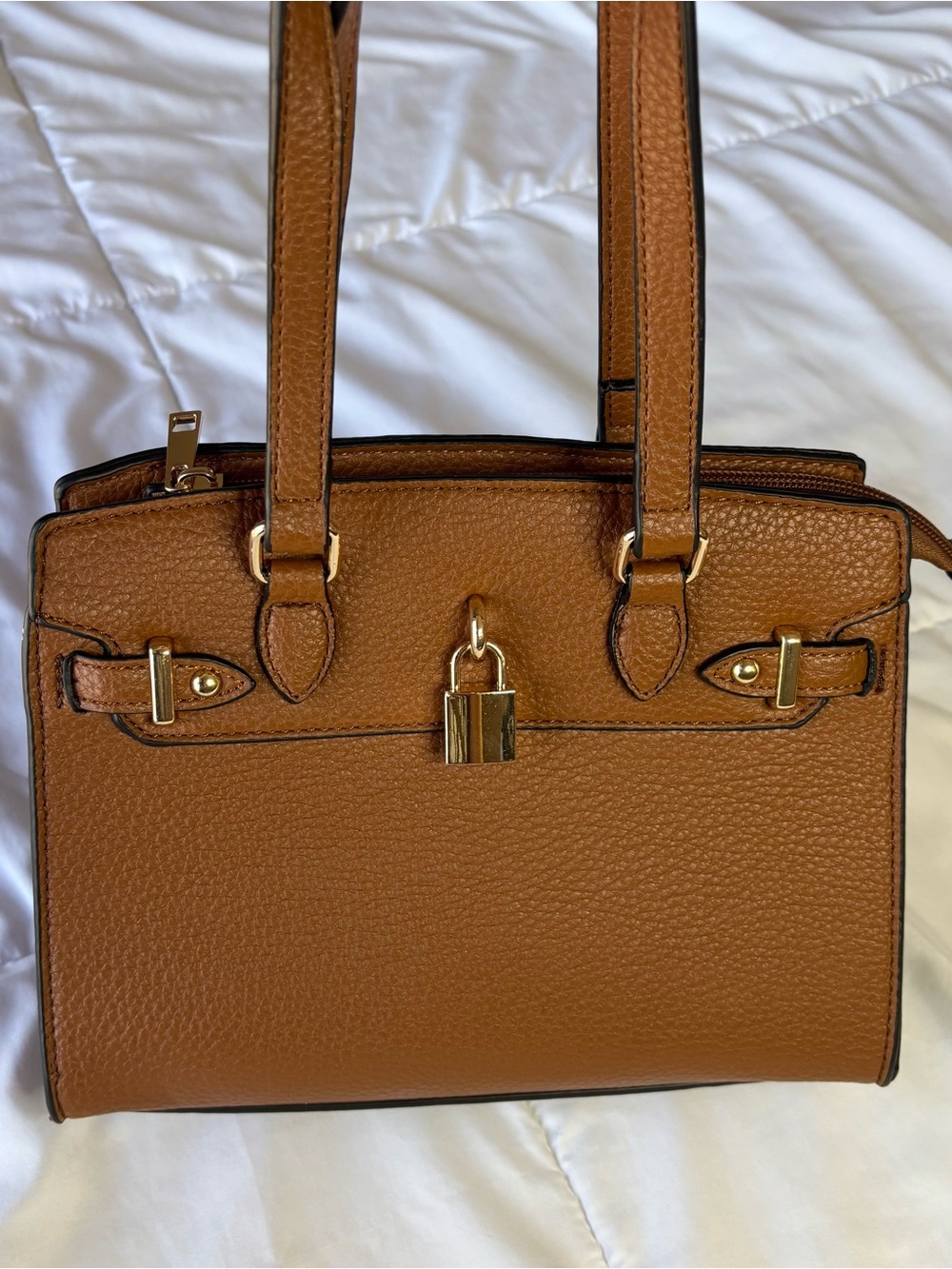 Women's Tan Leather Satchel Handbag with Gold Hardware